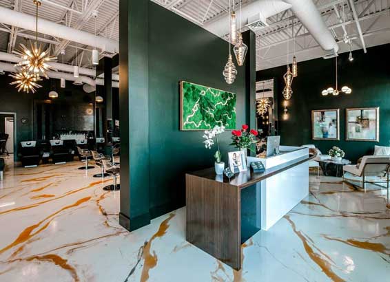This image shows a salon with an epoxy floor.